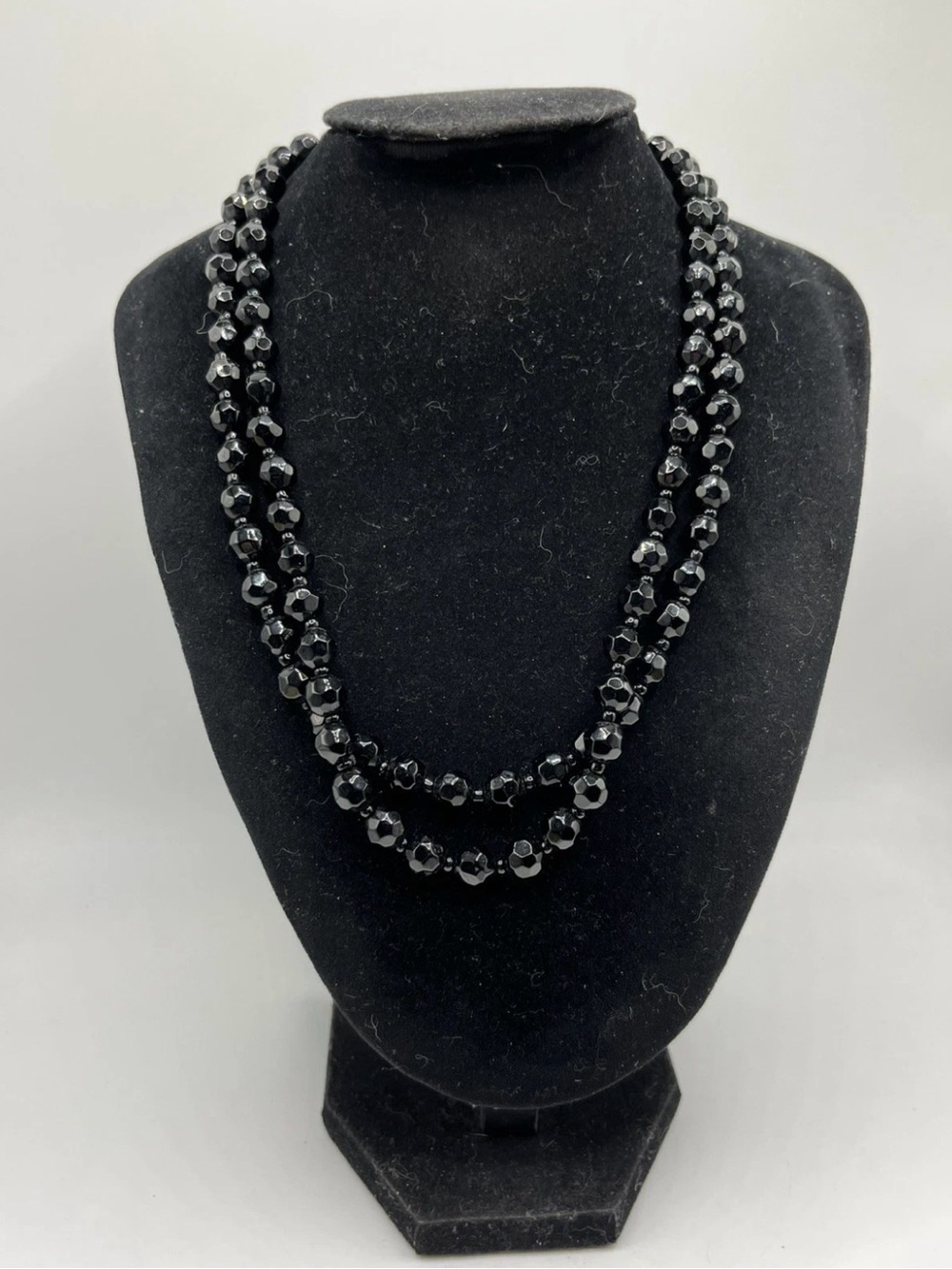 Two Stranded Faceted Black Glass Beaded Necklace
